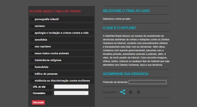 Denúncias podem ser feitas do site da SaferNet: denuncie.org.br 