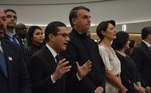 Pastor Marcos Pereira, presidente Jair Bolsonaro e a primeira-dama Michelle Bolsonaro na inauguração do novo templo