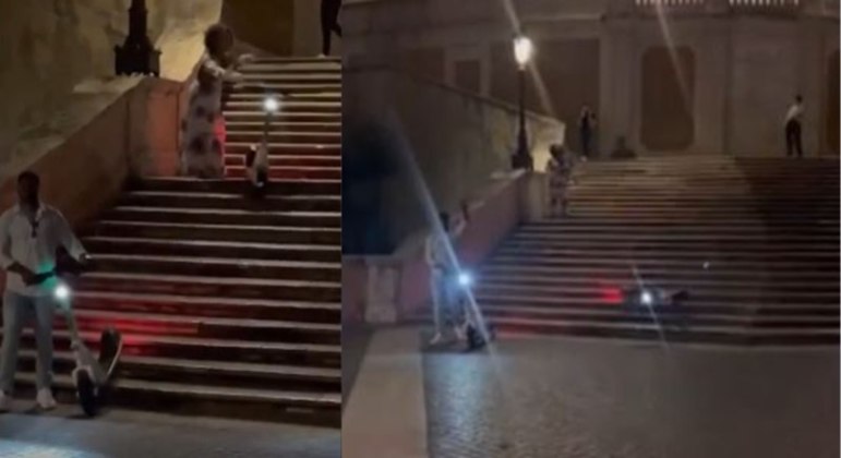 Turista americana joga patinete pelos degraus de uma escadaria do século 18 na Itália
