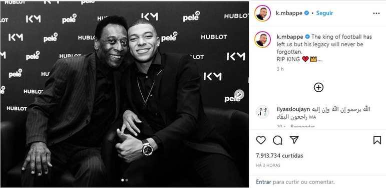 Pelé e Kylian Mbappé costumavam interagir nas redes sociais nos últimos meses. O francês afirmou que o legado de Pelé jamais será esquecido. 