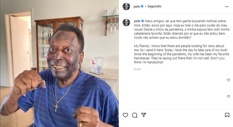 Pelé postou mensagem nas ruas redes sociais e reforçou que está bem de saúde
