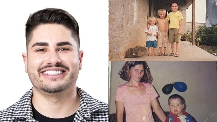 Fala se Lucas Souza também não era uma fofura quando criança? Na primeira foto, aparece com uma blusa amarela ao lado de dois outros meninos; na segunda, com a mãe 