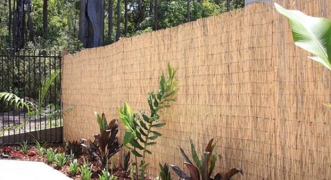 Pequeno jardim com cerca de bambu