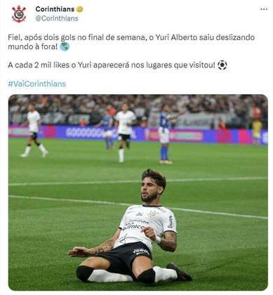 Perfil oficial do Corinthians postou que a cada dois mil likes na foto de Yuri Alberto, ele apareceria deslizando em lugares diferentes.