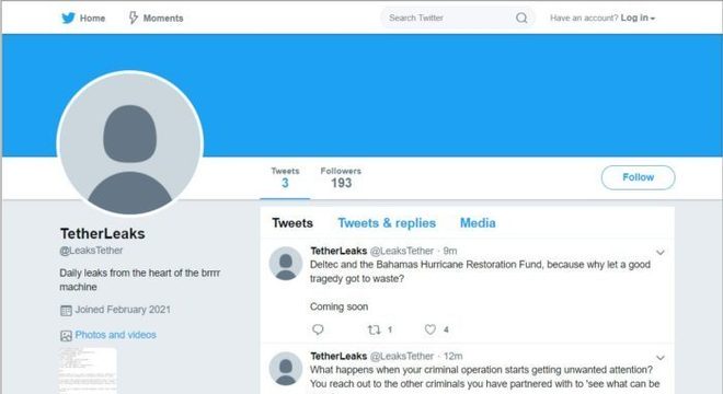 Perfil TetherLeaks no Twitter, utilizado para extorquir a plataforma de criptomoedas (Imagem: Reprodução/Archive.is)