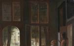 O primeiro quadro é esse acima, intitulado Man Handing a Letter to a Woman in the Entrance Hall of a House ('Homem entregando uma carta a uma mulher no hall de entrada de uma casa', em tradução livre), de 1670, de autoria do holandês Pieter de Hooch