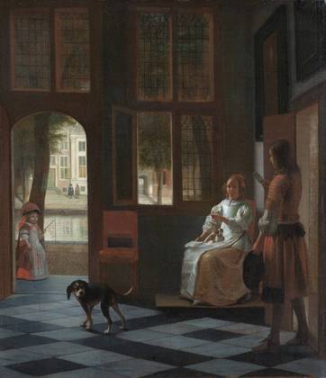 O primeiro quadro é esse acima, intitulado Man Handing a Letter to a Woman in the Entrance Hall of a House (
