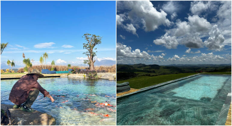 Bruno Gagliasso, Giovanna Ewbank e os filhos estão sempre em movimento entre as casas da família espalhadas pelo Brasil. Uma das moradas paradisíacas é um rancho que, além de um lago com peixes, tem uma piscina com uma vista de outro mundo