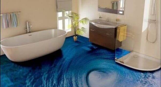 Piso 3D imitando uma onda do mar aplicado no banheiro