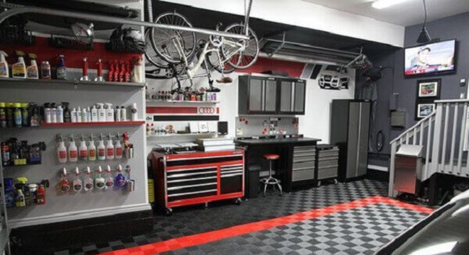 Piso para garagem com relevo emborrachado na cor preto e vermelho