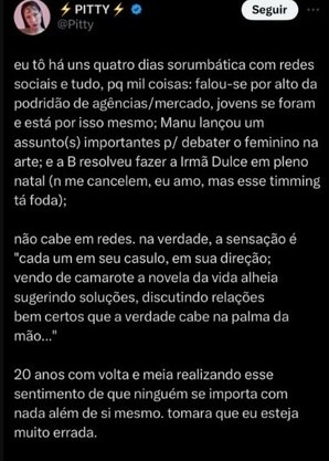 Pitty apagou post ao ser criticada