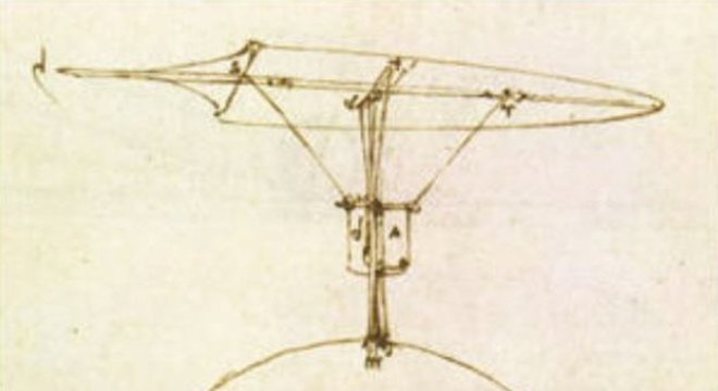 Da Vinci esboçou equipamentos voadores, um paraquedas e dois tipos diferentes de planadores, como este