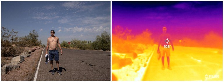 Em um parque do Arizona, nos Estados Unidos, um morador posa para uma foto durante uma onda de calor de mais de 100 dias, onde a temperatura passou dos 43 graus Celsius com frequência