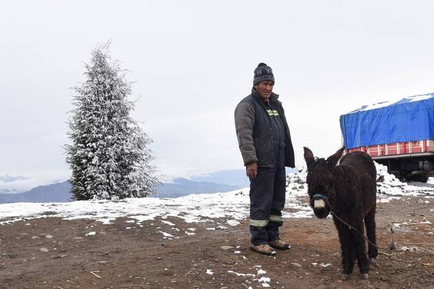 Um vendedor de leite de burra (!!) espera por clientes, após uma forte nevasca em El Alto, Bolívia
