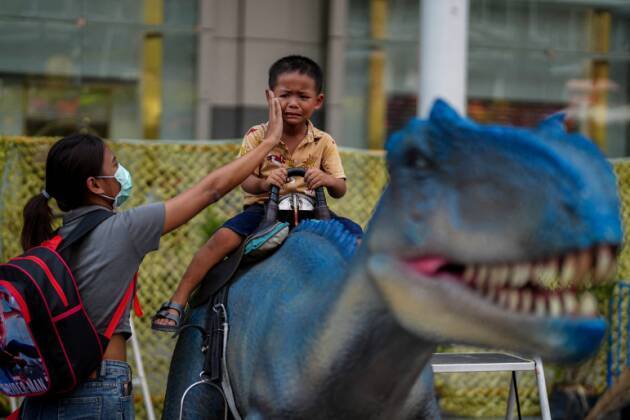 Esse garotinho voltou no tempo e domou os dinossauros, mas parece que n&atilde;o deu muito e ele precisou da m&atilde;e dele. Quem sabe essa n&atilde;o &eacute; a fantasia desta crian&ccedil;a, que parecia n&atilde;o estar curtindo muito a divers&atilde;o em cima da est&aacute;tua de dinossauro