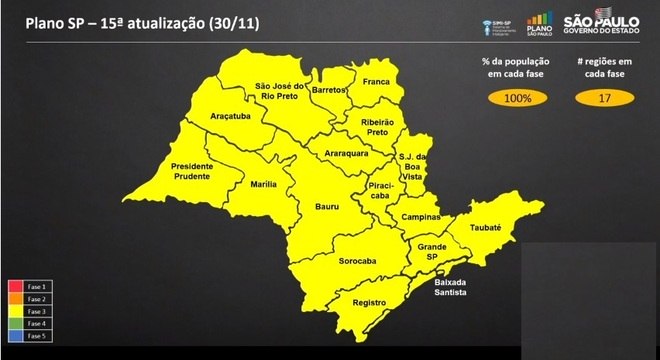 Mapa mostra que estado de São Paulo regride para 100% na fase amarela