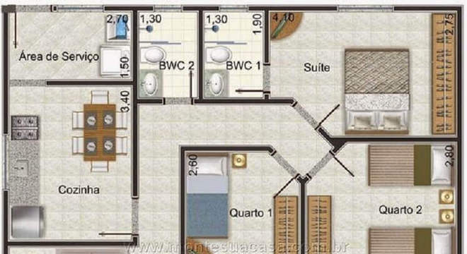 planta de casa em l com 3 quartos 