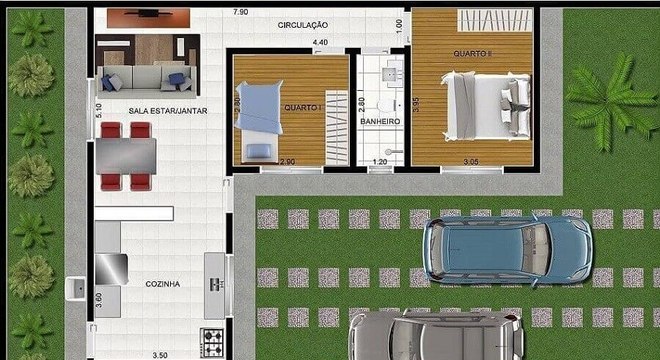 planta de casa em l com dois quartos 