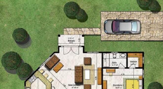 planta de casa em l com piscina