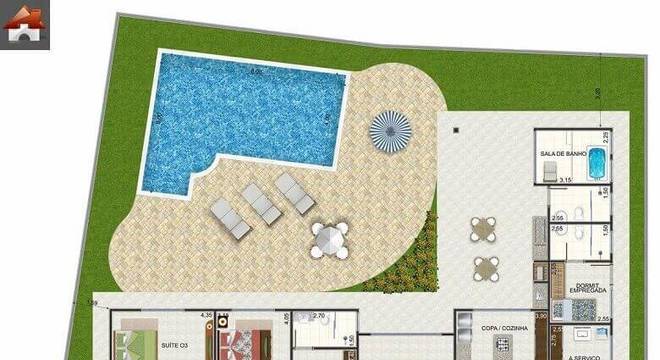 planta de casa em l com piscina e 4 quartos