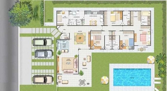planta de casa em l com piscina e 4 suites