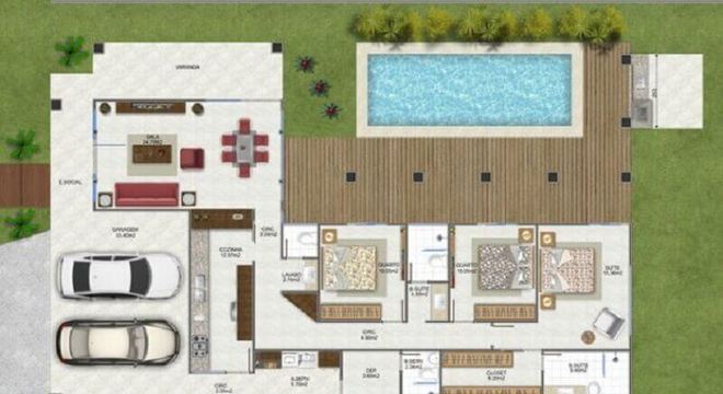 planta de casa em l com piscina e garagem para 2 carros 