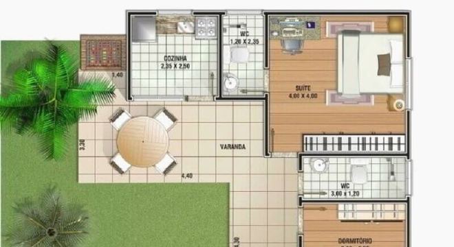 planta de casa em l com varanda e dois quartos 
