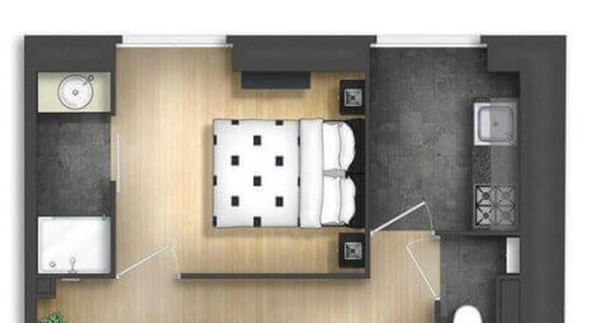 planta de casa pequena em l com jardim