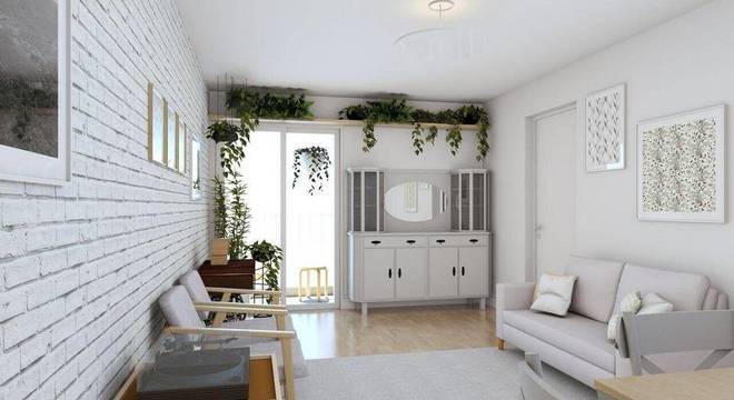 Plantas para apartamento - sala clara com tijolinhos brancos 