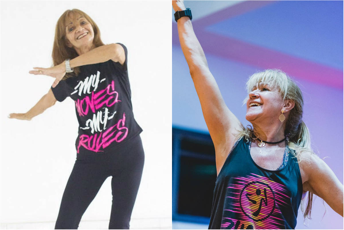 Loli Lobos, de 72 anos e Verinha Maluf, de 64,  são instrutoras de Zumba