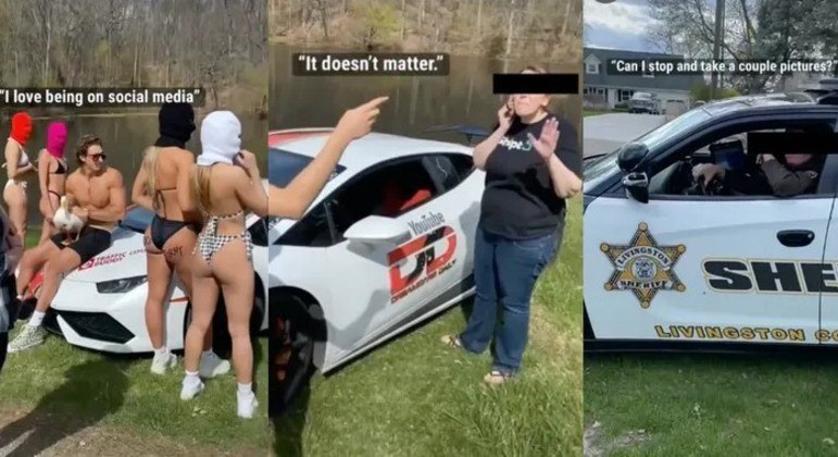 Três momentos de comédia: primeiro a sessão de fotos, depois a denunciante e depois o policial fã