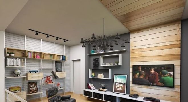 Poltronas para sala de tv e painel de madeira