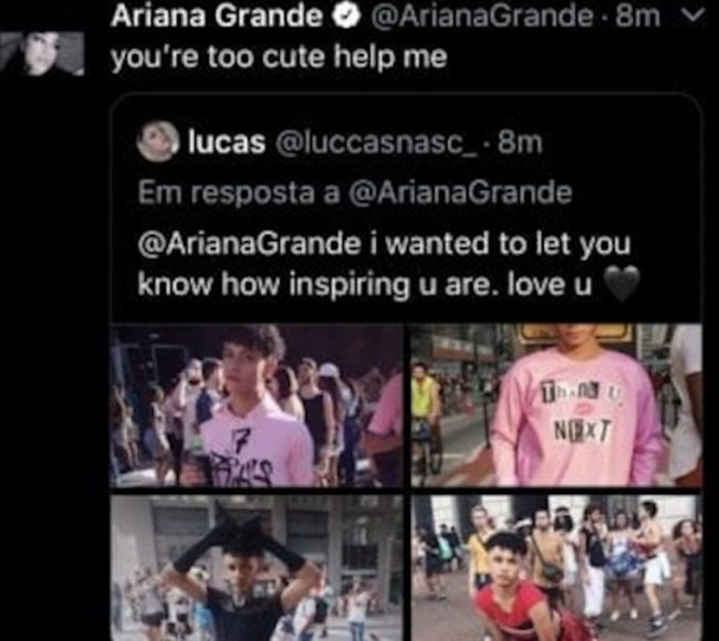 Resposta de Ariana Grande ao fã brasileiro: "Você é tão fofo, socorro" (Foto: Reprodução)