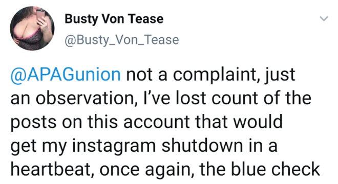 Post da artista de conteúdo adulto Busty von Tease, na qual reclaman de um post explícito de uma modelo Facebook responde