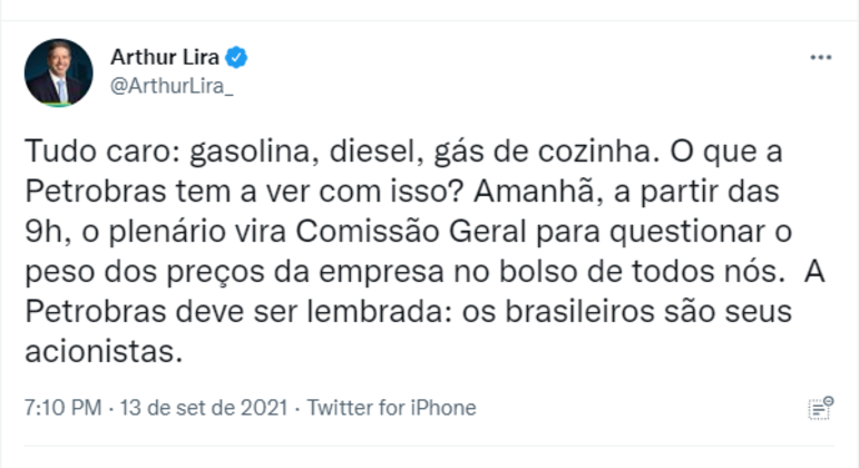 Post de Lira anuncia comissão para questionar preços praticados pela Petrobras