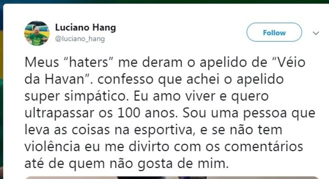 Post no Twitter de Luciano Hang sobre o apelido "Véio da Havan", que recebeu de seus críticos na internet