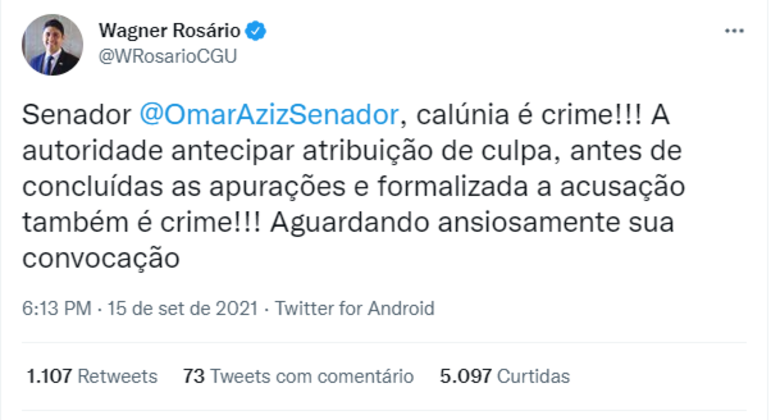 Wagner Rosário rebate no Twitter as acusação se prevaricação feita pelo presidente da CPI Omar Aziz