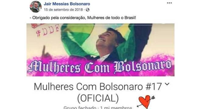  Para coligações derrotadas e autoras de ações na Justiça Eleitoral, agradecimento publicado pelo então candidato seria forte indício de que Bolsonaro teria participado ou teria conhecimento de ataque a grupo no Facebook