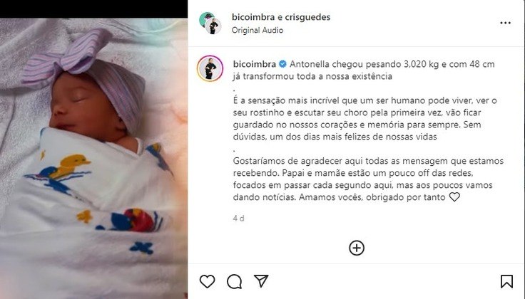 Antonella é filha do casal de influencers Bianca Coimbra e Cris Guedes, amigos de Neymar. Os dois escolheram o jogador como padrinho da bebê que nasceu na semana passada. A chegada da criança foi comemorada pela mamãe nas redes sociais. 