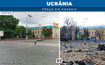 Praça no centro da cidade de Kharkiv repleta de escombros provocados por bombardeio russo