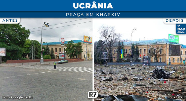 Praça no centro da cidade de Kharkiv repleta de escombros provocados por bombardeio russo