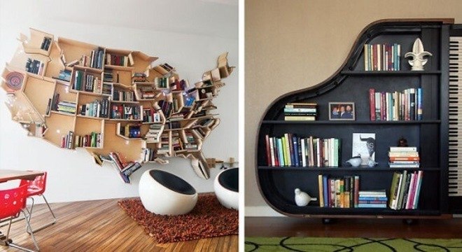 Prateleira para livros em formato criativo de mapa mundi e piano