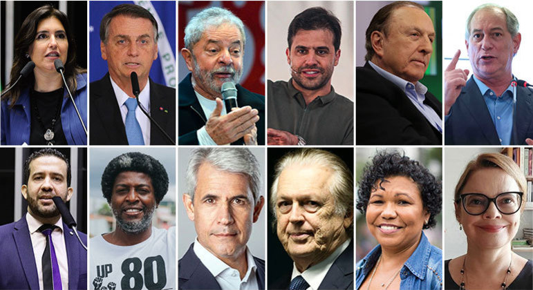 Na linha de cima: Simone Tebet, Jair Bolsonaro, Lula, Pablo Marçal, José Maria Eymael e Ciro Gomes. Na linha de baixo: André Janones, Leonardo Péricles, Felipe D'Ávila, Luciano Bivar, Vera Lúcia e Sofia Manzano
