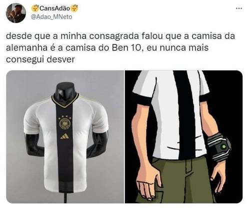 Predominantemente branca e com faixa vertical preta, camisa da Alemanha para Copa do Mundo do Qatar foi comparada ao uniforme do Ben 10, personagem de desenho infantil.