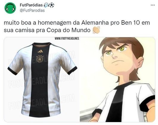 Predominantemente branca e com uma faixa vertical preta, a camisa da Alemanha para a Copa do Mundo do Catar tem sido comparada ao uniforme do Ben 10, personagem de desenho infantil