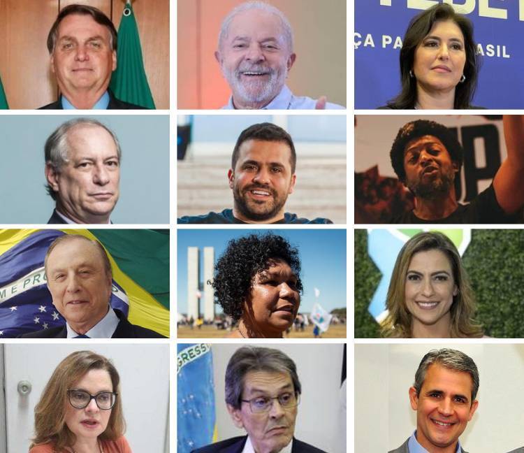 Da esquerda para a direita e de cima para baixo, os candidatos à Presidência: Bolsonaro, Lula, Simone Tebet, Ciro, Marçal, Péricles, Eymael, Vera Lúcia, Soraya Thronicke, Sofia Manzano, Roberto Jefferson e Luiz D'Ávila