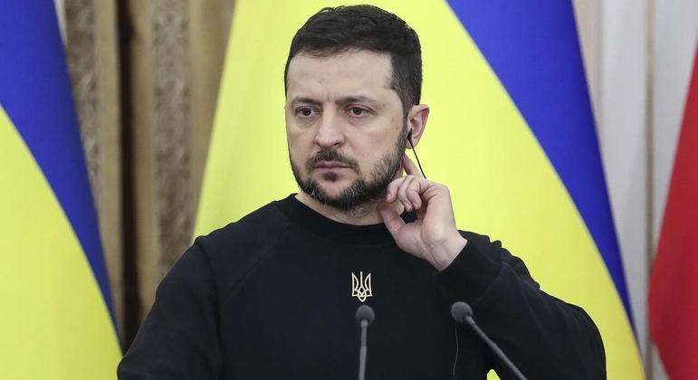 Presidente da Ucrânia, Volodmir Zelenski, durante coletiva de imprensa