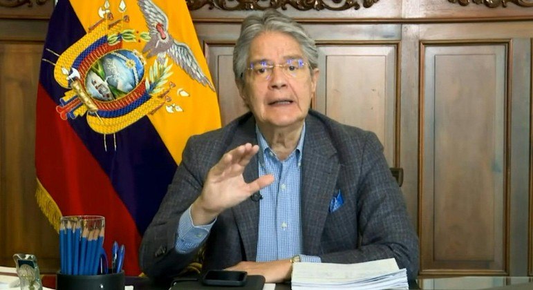 Presidente do Equador, Guillermo Lasso, durante pronunciamento televisionado