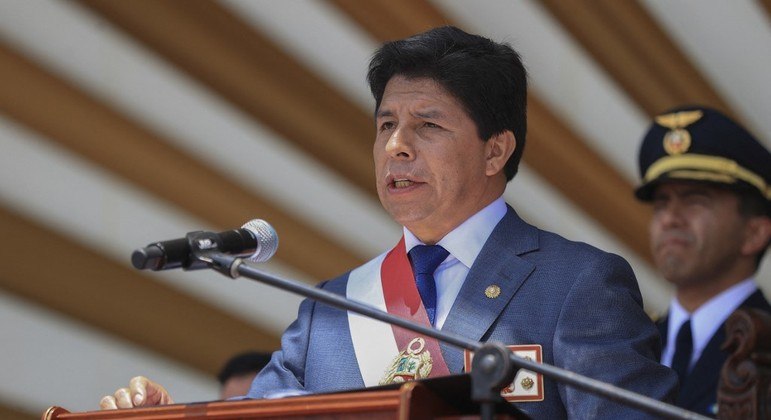 Presidente do Peru, Pedro Castillo, durante discurso