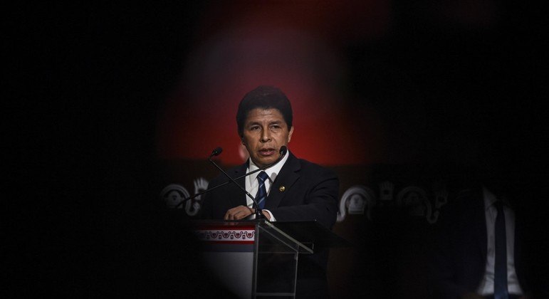 Presidente do Peru, Pedro Castillo, durante discurso